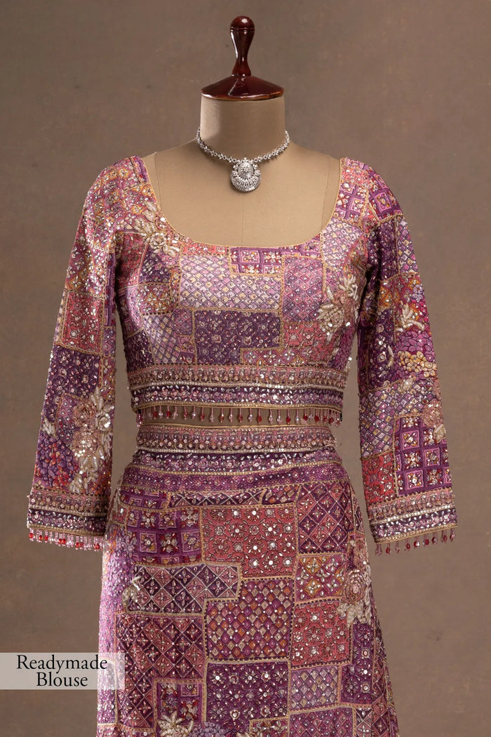 Purple Printed Crepe Designer Saree with Embroidered Full Sleeve Blouse