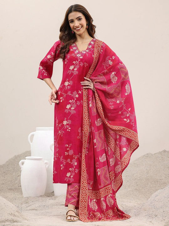 Floral Printed Straight Kurta with Trousers & Dupatta