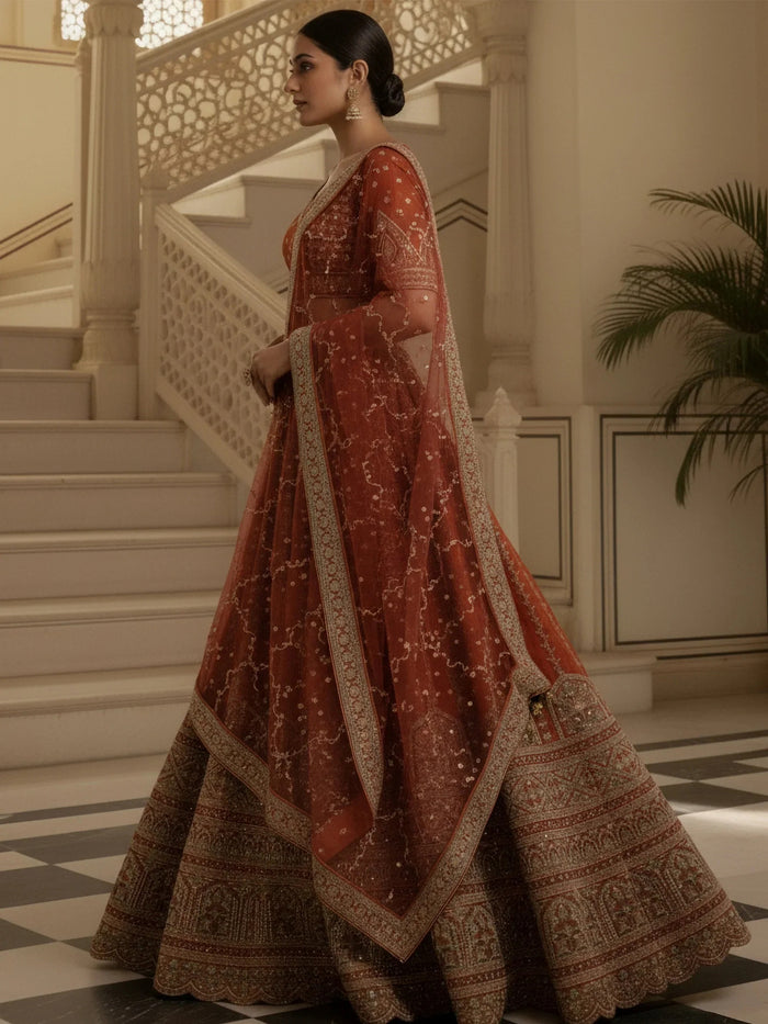 Awesome Orange Mirror Handwork Silk Bridal Wear Lehenga Choli