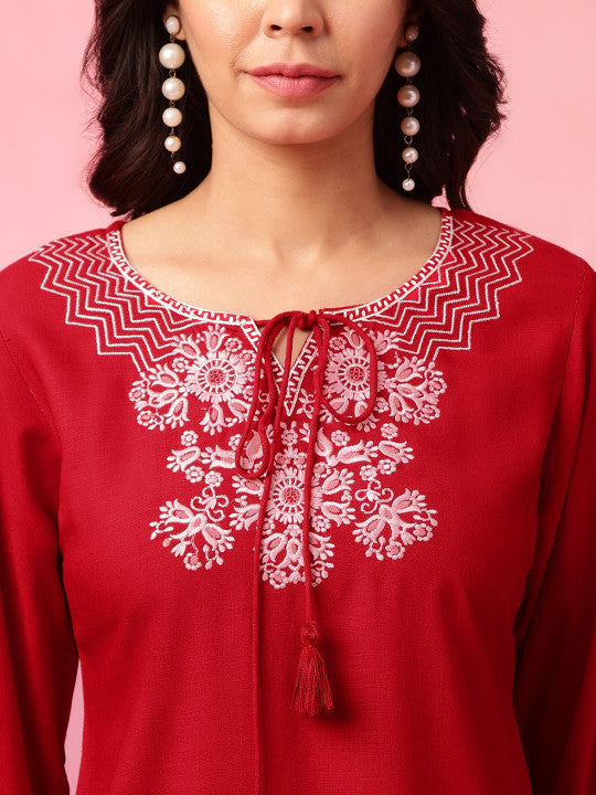 Floral Embroidered Tie Up Neck Three-Quarter Sleeves Short Kurti