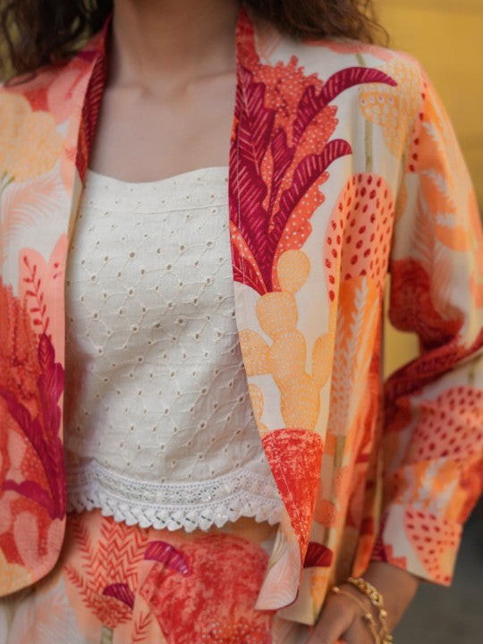 Floral Printed Cuffed Sleeves Casual Top With Trousers & Jacket