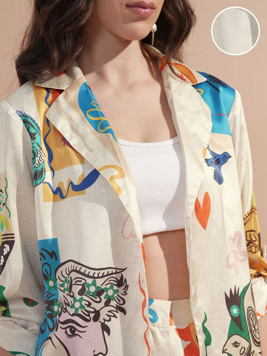Printed Collar Neck Blazer With Trouser Co-Ords