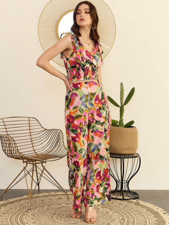 Floral Printed Shoulder Straps Top & Trouser Co-Ord Set