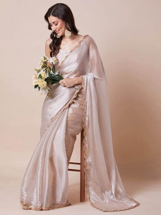 Embellished Border Organza Saree With Unstitched Blouse