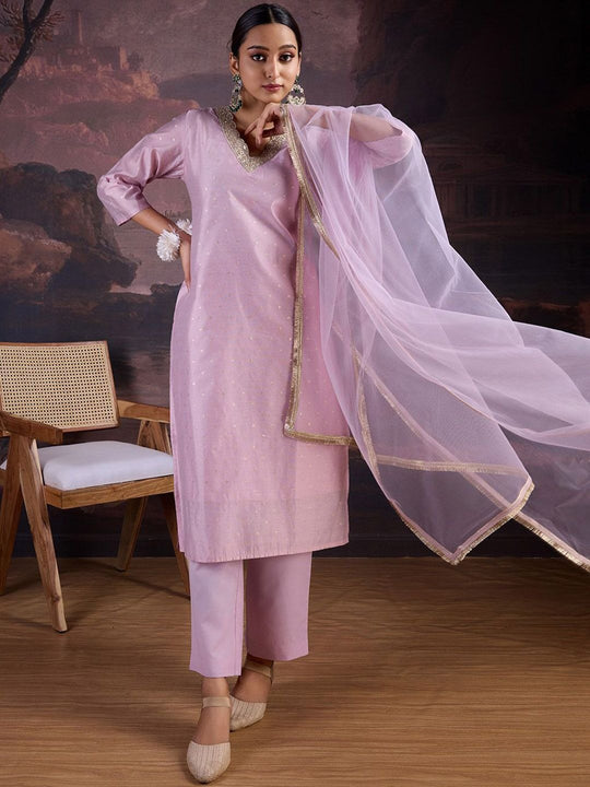 Floral Woven Design Straight Kurta With Trousers & Dupatta
