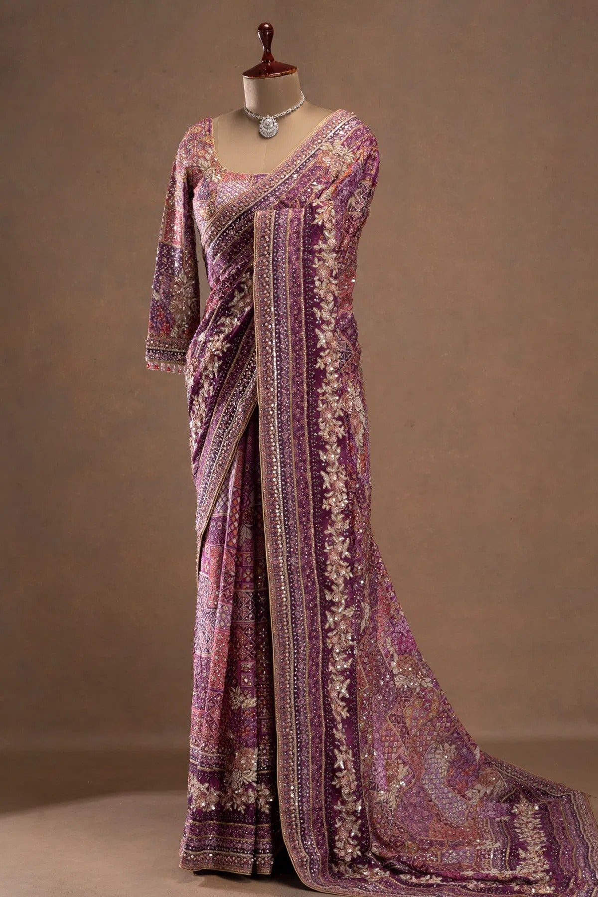 Purple Printed Crepe Designer Saree with Embroidered Full Sleeve Blouse