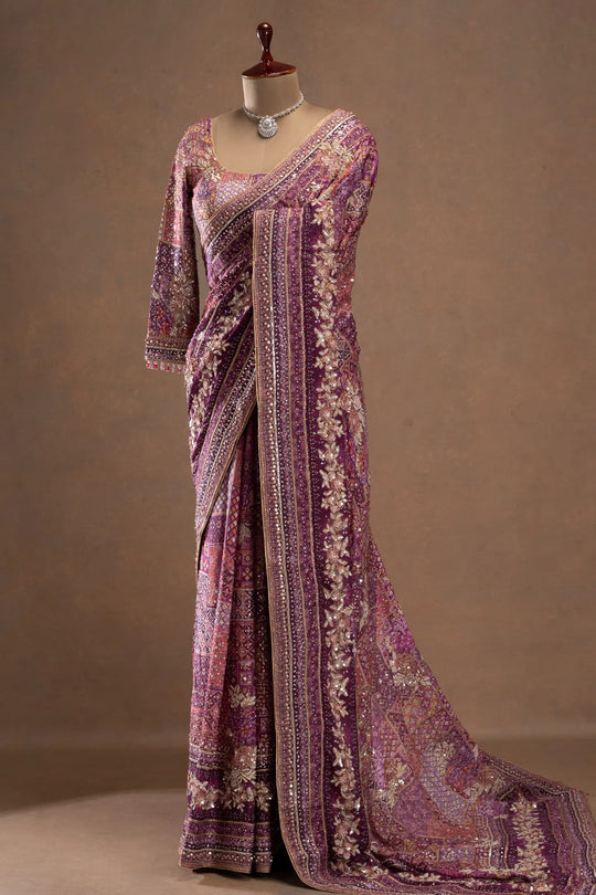 Purple Printed Crepe Designer Saree with Embroidered Full Sleeve Blouse