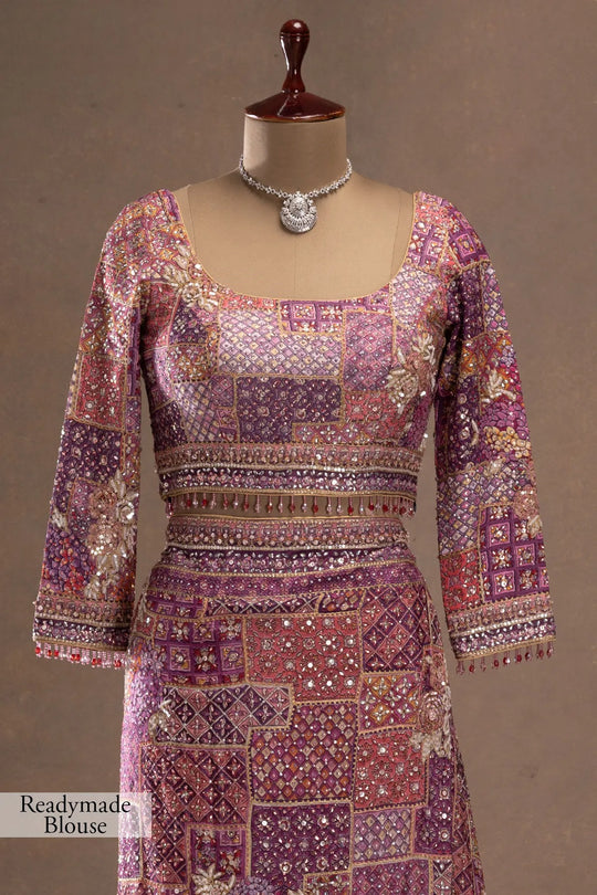 Purple Printed Crepe Designer Saree with Embroidered Full Sleeve Blouse