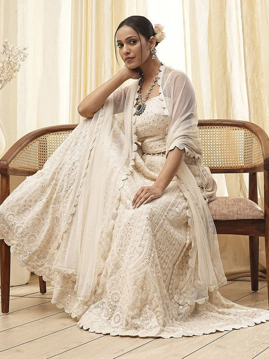 Embroidered Mirror Work Ready To Wear Lehenga With Blouse & Dupatta