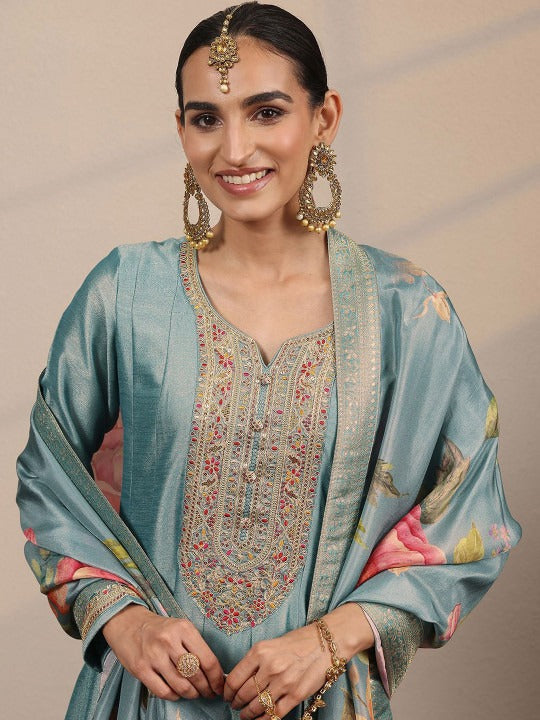 Women Silk Zari Embroidered Flared Gown with Floral Dupatta