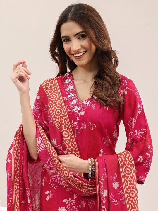 Floral Printed Straight Kurta with Trousers & Dupatta