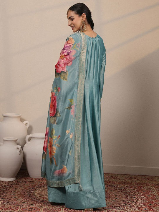 Women Silk Zari Embroidered Flared Gown with Floral Dupatta