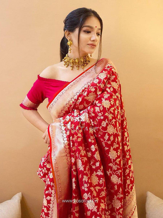 Red & Gold-Toned Woven Design Zari Banarasi Saree