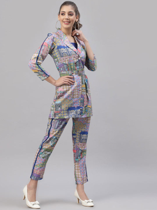 Printed Coat & Crop Top With Trousers