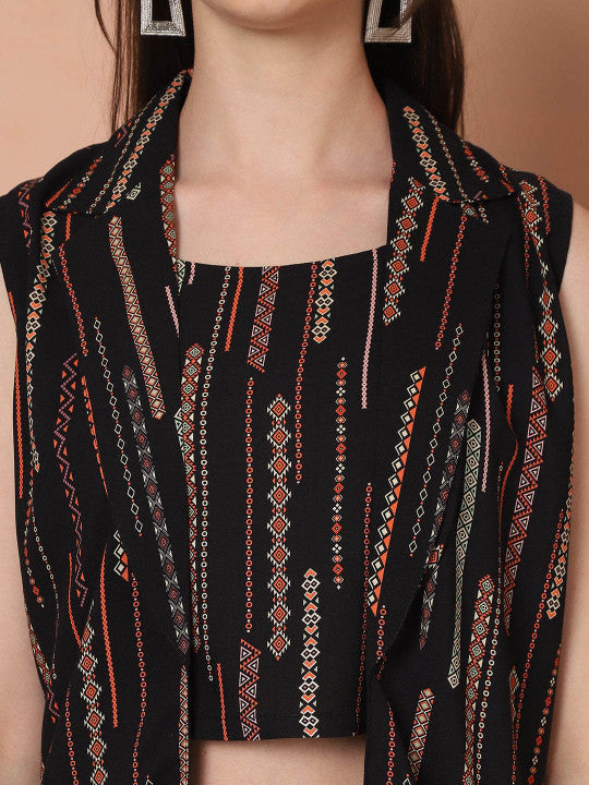 Black Printed Top & Trousers with Jacket