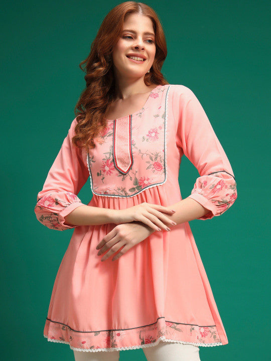 Embroidered A-Line Kurti (Pink)