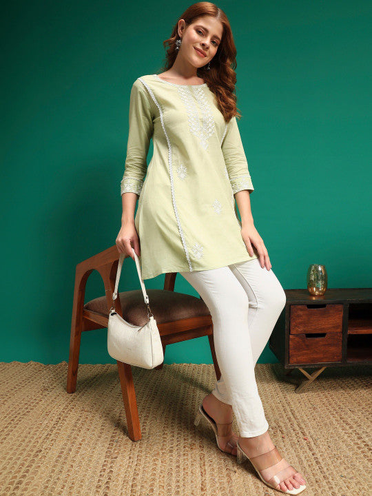Embroidered A-Line Kurti (Green)