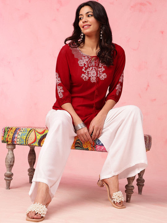 Floral Embroidered Tie Up Neck Three-Quarter Sleeves Short Kurti