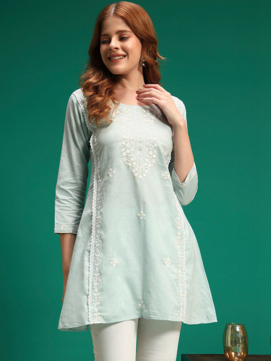 Embroidered A-Line Kurti (Blue)