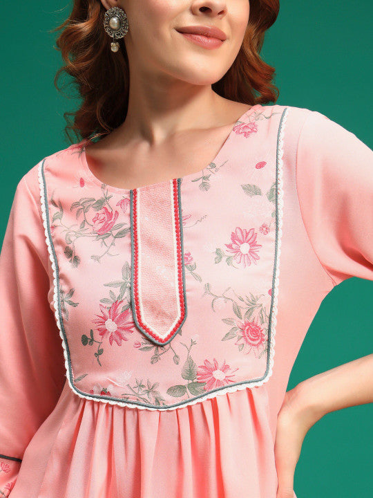 Embroidered A-Line Kurti (Pink)