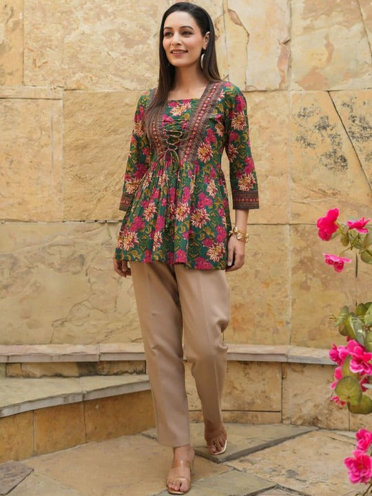 Floral Printed Square Neck Thread Work Pure Cotton Thread Work Empire Kurti