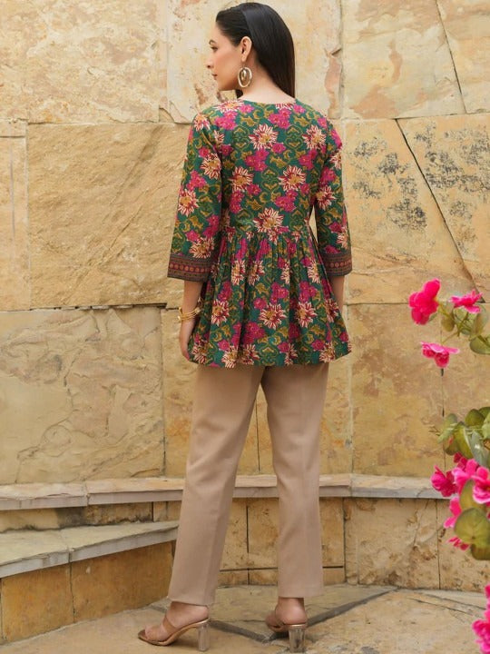 Floral Printed Square Neck Thread Work Pure Cotton Thread Work Empire Kurti