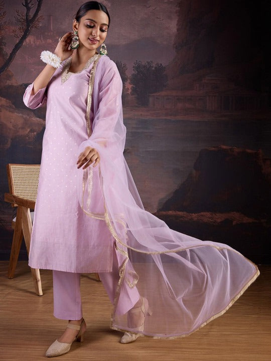 Floral Woven Design Straight Kurta With Trousers & Dupatta