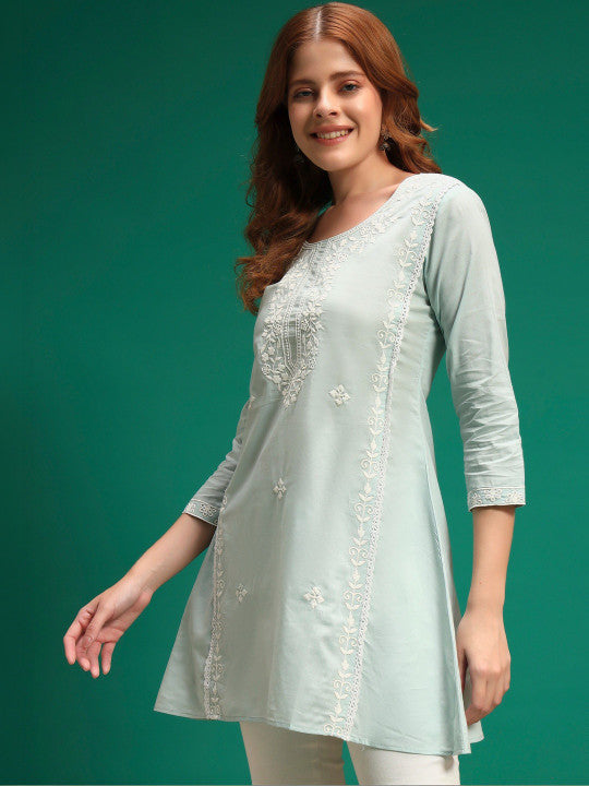 Embroidered A-Line Kurti (Blue)