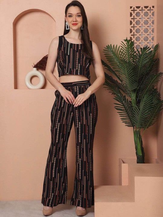 Black Printed Top & Trousers with Jacket