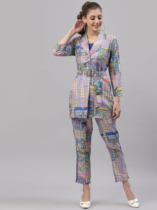 Printed Coat & Crop Top With Trousers